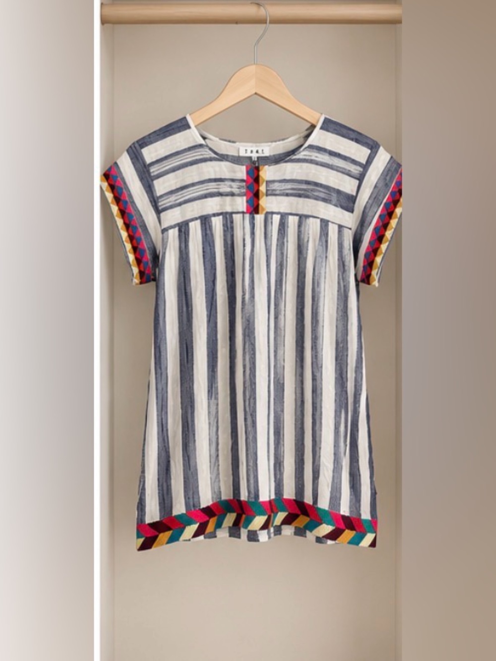 Boho Striped Embroidered Tunic Top Colorful Trim Short Sleeve XS NWT